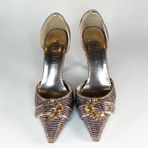 J Renee Brianna d'Orsay Silver Bronze Fabric Jeweled Stiletto Heels Shoes 7 - Picture 3 of 14